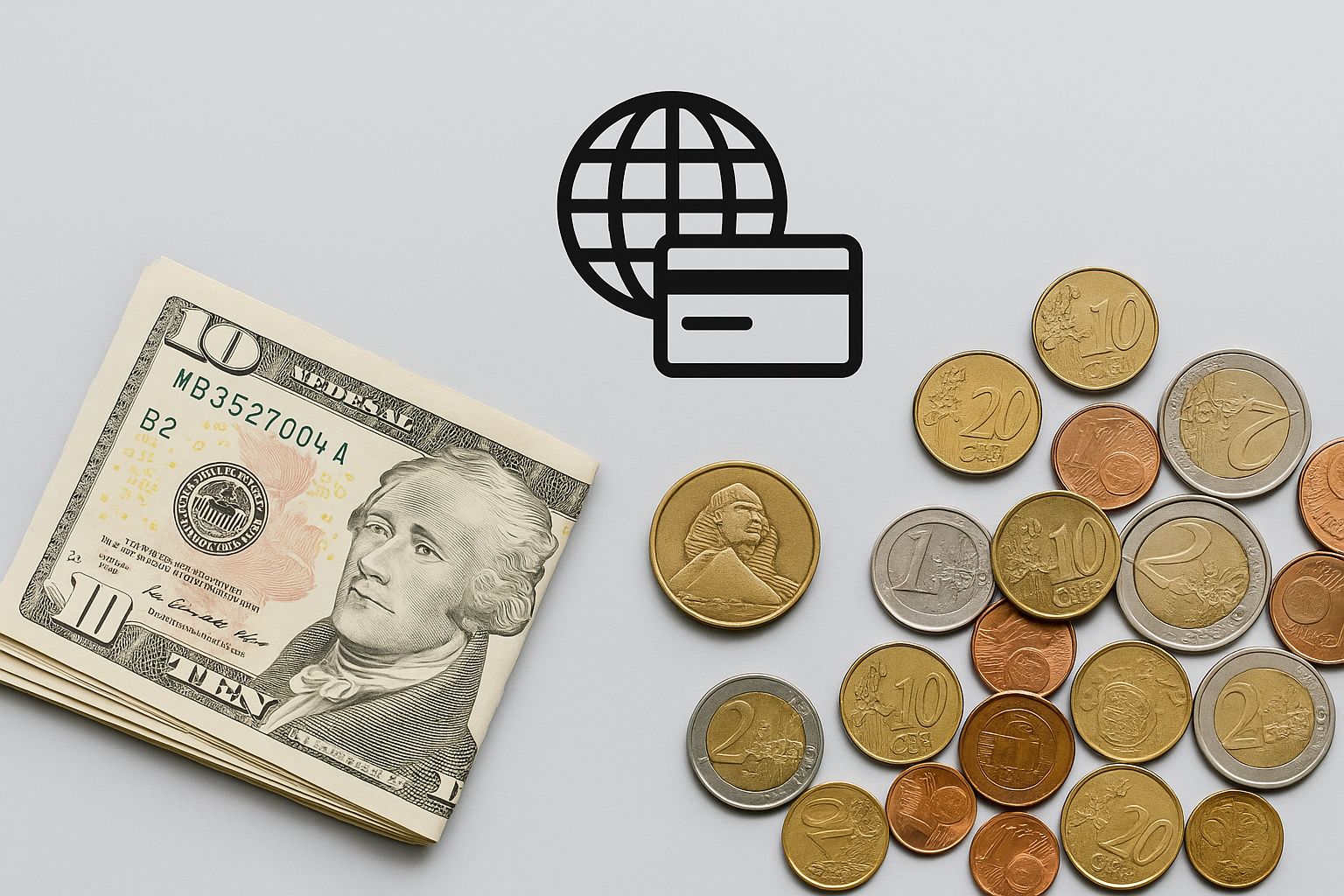 Skematisk illustration af international betalingsproces med globale ikoner